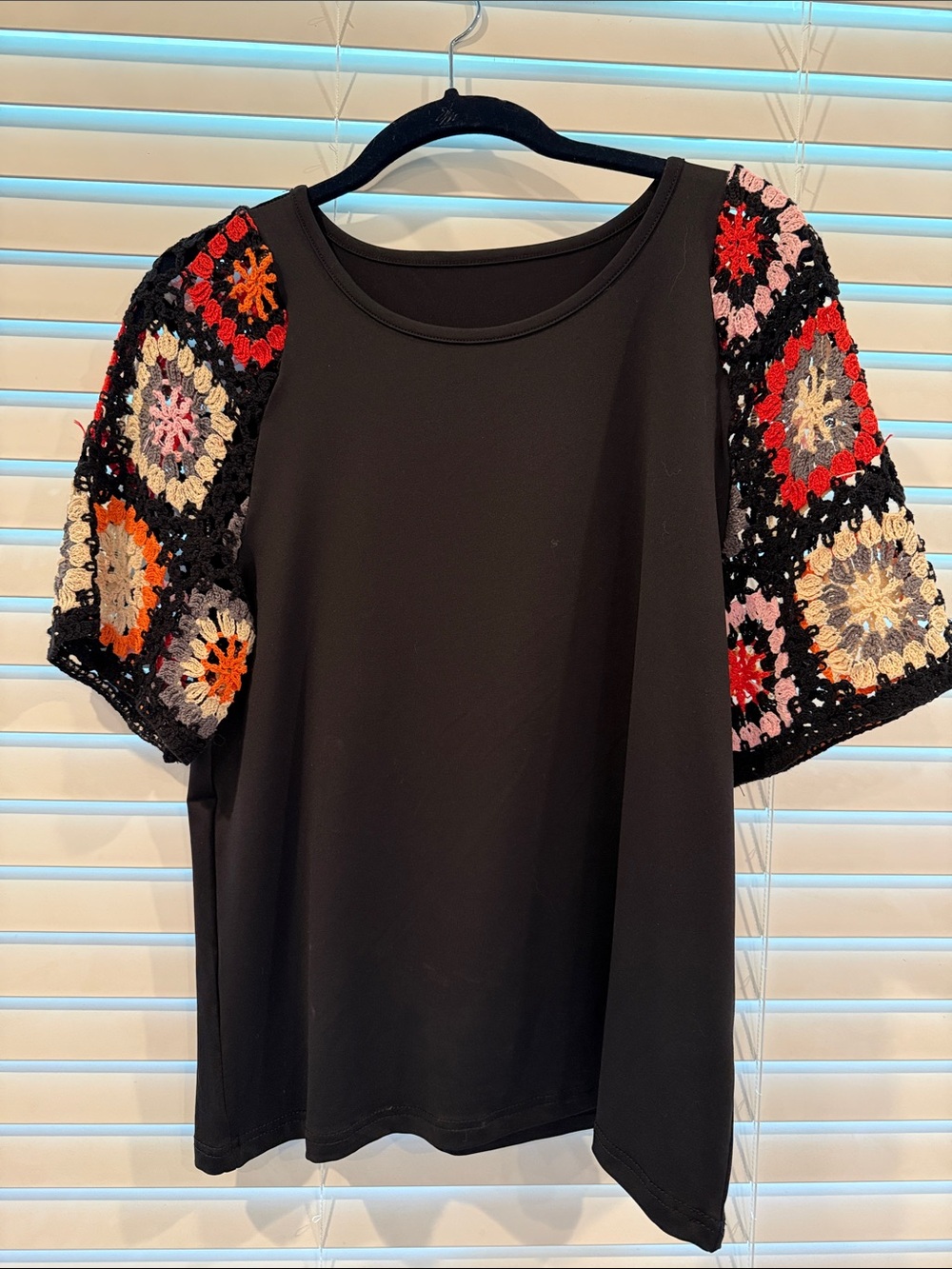 Black Tee with Multicolor Crochet Short Sleeves
